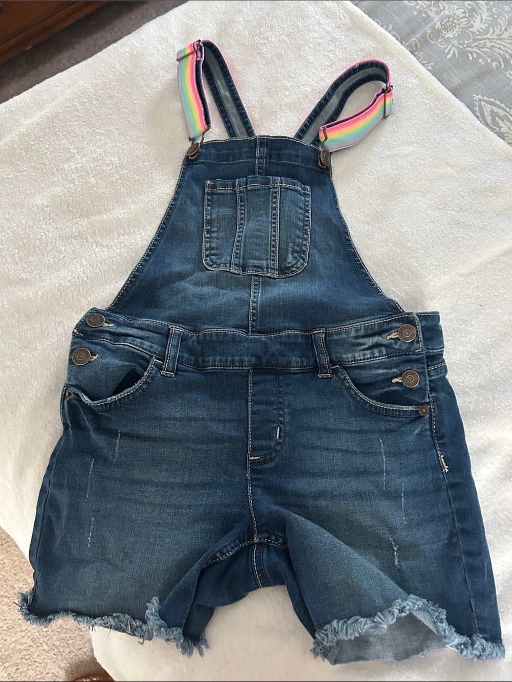 Justice Dark Blue Denim Short Overalls with Rainbow Straps